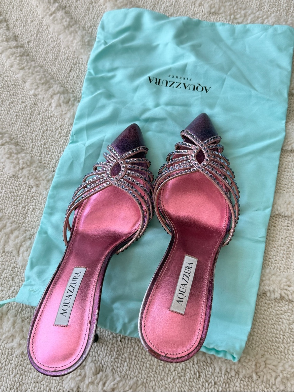 Aquazzura Pink/Purple Ombre Crystal-Strap Pointed Mule Heels / size 39.5 - Picture 4 of 5